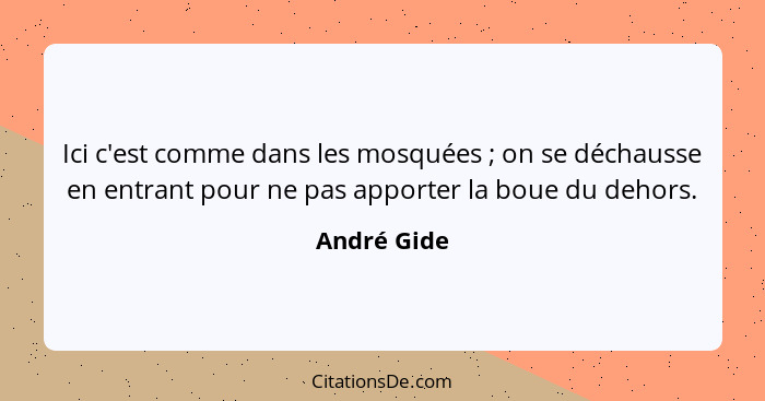 Ici c'est comme dans les mosquées ; on se déchausse en entrant pour ne pas apporter la boue du dehors.... - André Gide