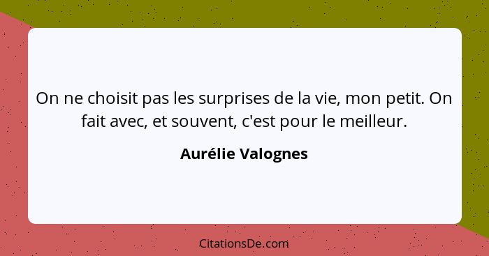 On ne choisit pas les surprises de la vie, mon petit. On fait avec, et souvent, c'est pour le meilleur.... - Aurélie Valognes