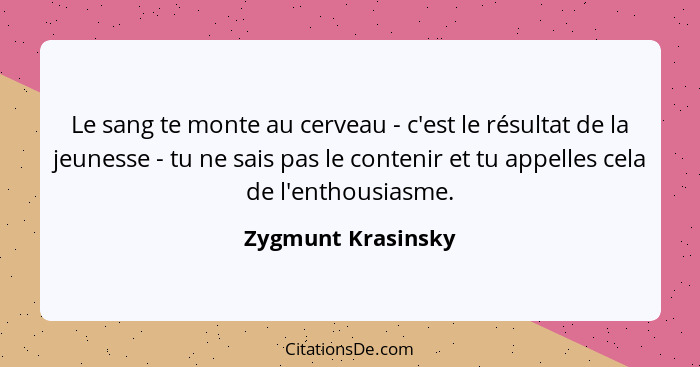 Le sang te monte au cerveau - c'est le résultat de la jeunesse - tu ne sais pas le contenir et tu appelles cela de l'enthousiasme.... - Zygmunt Krasinsky