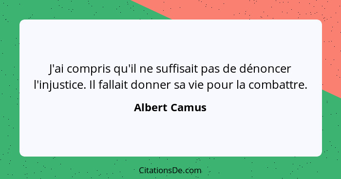 J'ai compris qu'il ne suffisait pas de dénoncer l'injustice. Il fallait donner sa vie pour la combattre.... - Albert Camus