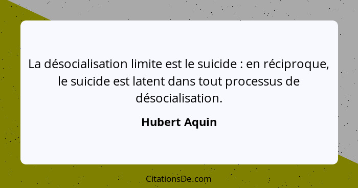 La désocialisation limite est le suicide : en réciproque, le suicide est latent dans tout processus de désocialisation.... - Hubert Aquin