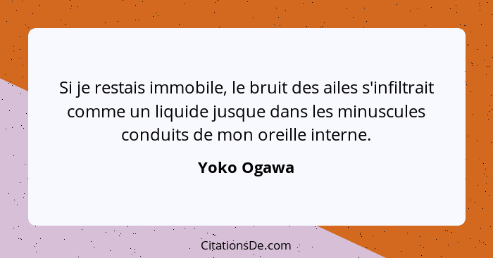 Si je restais immobile, le bruit des ailes s'infiltrait comme un liquide jusque dans les minuscules conduits de mon oreille interne.... - Yoko Ogawa