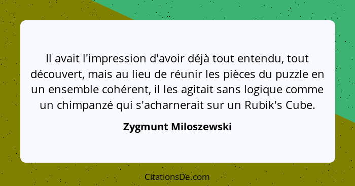 Il avait l'impression d'avoir déjà tout entendu, tout découvert, mais au lieu de réunir les pièces du puzzle en un ensemble cohé... - Zygmunt Miloszewski