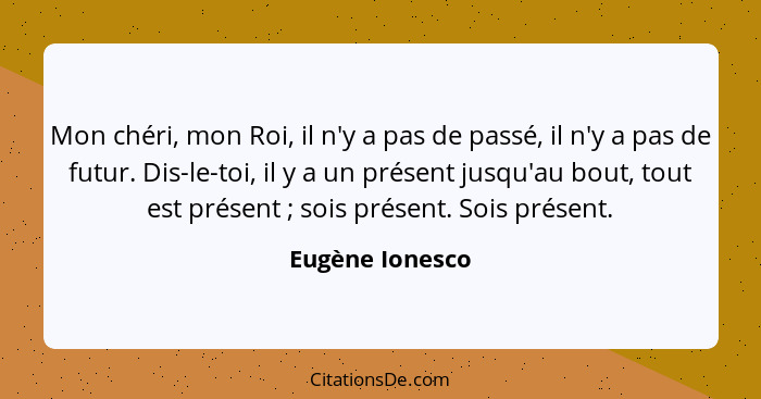 Mon chéri, mon Roi, il n'y a pas de passé, il n'y a pas de futur. Dis-le-toi, il y a un présent jusqu'au bout, tout est présent ... - Eugène Ionesco