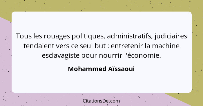 Tous les rouages politiques, administratifs, judiciaires tendaient vers ce seul but : entretenir la machine esclavagiste pour... - Mohammed Aïssaoui