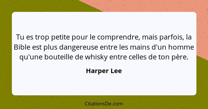 Tu es trop petite pour le comprendre, mais parfois, la Bible est plus dangereuse entre les mains d'un homme qu'une bouteille de whisky en... - Harper Lee