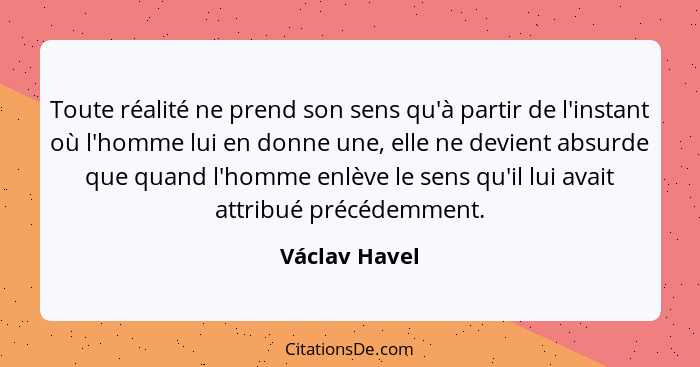 Toute réalité ne prend son sens qu'à partir de l'instant où l'homme lui en donne une, elle ne devient absurde que quand l'homme enlève... - Václav Havel