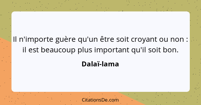 Il n'importe guère qu'un être soit croyant ou non : il est beaucoup plus important qu'il soit bon.... - Dalaï-lama