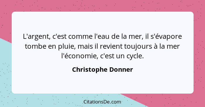 L'argent, c'est comme l'eau de la mer, il s'évapore tombe en pluie, mais il revient toujours à la mer l'économie, c'est un cycle.... - Christophe Donner