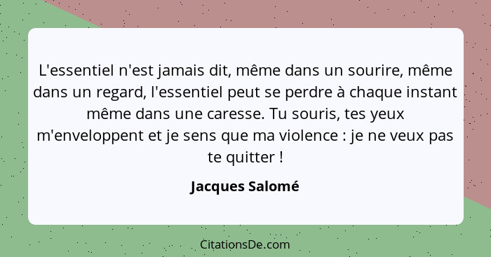 L'essentiel n'est jamais dit, même dans un sourire, même dans un regard, l'essentiel peut se perdre à chaque instant même dans une ca... - Jacques Salomé