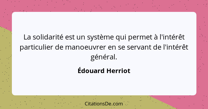 La solidarité est un système qui permet à l'intérêt particulier de manoeuvrer en se servant de l'intérêt général.... - Édouard Herriot