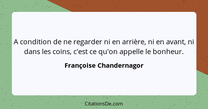 A condition de ne regarder ni en arrière, ni en avant, ni dans les coins, c'est ce qu'on appelle le bonheur.... - Françoise Chandernagor