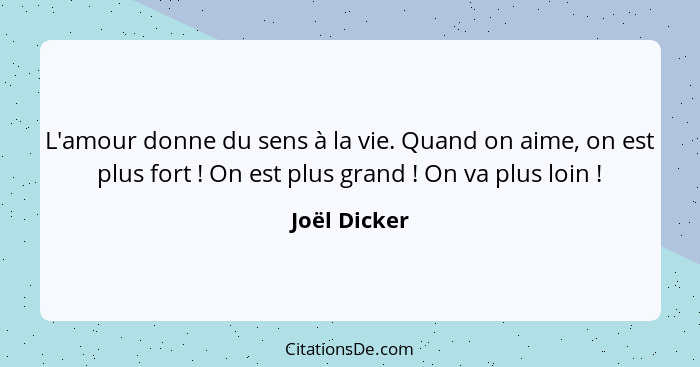 L'amour donne du sens à la vie. Quand on aime, on est plus fort ! On est plus grand ! On va plus loin !... - Joël Dicker