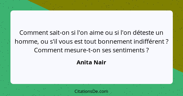 Comment sait-on si l'on aime ou si l'on déteste un homme, ou s'il vous est tout bonnement indifférent ? Comment mesure-t-on ses sent... - Anita Nair