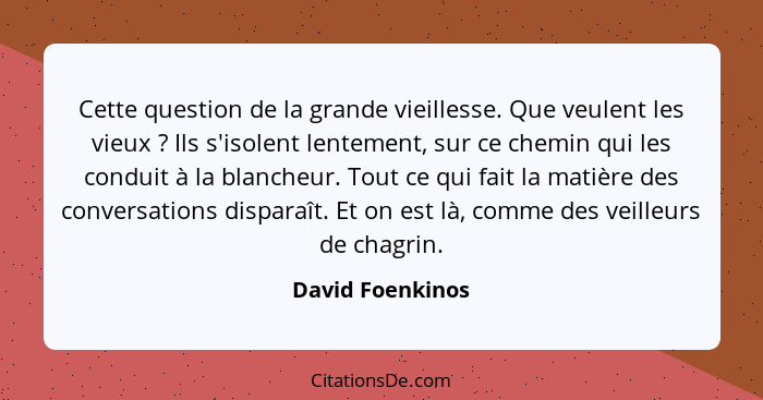 Cette question de la grande vieillesse. Que veulent les vieux ? Ils s'isolent lentement, sur ce chemin qui les conduit à la bla... - David Foenkinos