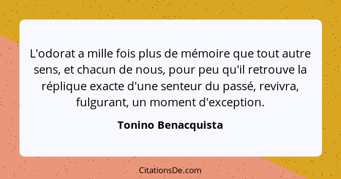 L'odorat a mille fois plus de mémoire que tout autre sens, et chacun de nous, pour peu qu'il retrouve la réplique exacte d'une se... - Tonino Benacquista