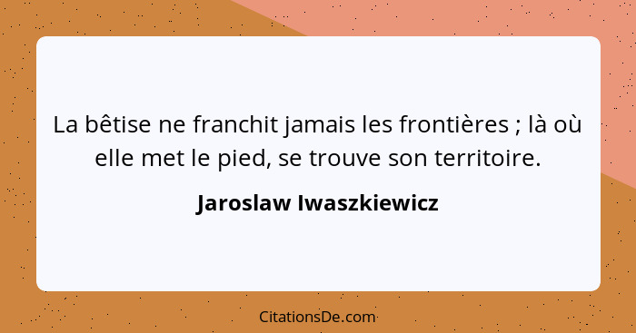 La bêtise ne franchit jamais les frontières ; là où elle met le pied, se trouve son territoire.... - Jaroslaw Iwaszkiewicz