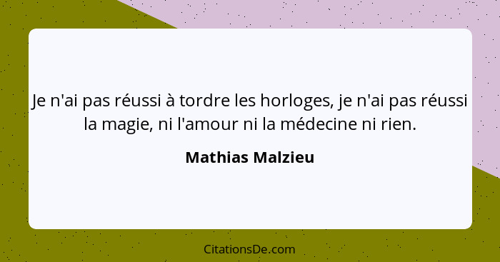 Je n'ai pas réussi à tordre les horloges, je n'ai pas réussi la magie, ni l'amour ni la médecine ni rien.... - Mathias Malzieu