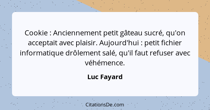 Cookie : Anciennement petit gâteau sucré, qu'on acceptait avec plaisir. Aujourd'hui : petit fichier informatique drôlement salé... - Luc Fayard