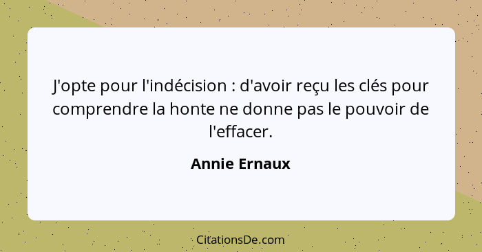 J'opte pour l'indécision : d'avoir reçu les clés pour comprendre la honte ne donne pas le pouvoir de l'effacer.... - Annie Ernaux