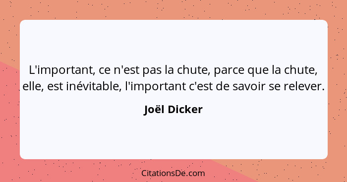 L'important, ce n'est pas la chute, parce que la chute, elle, est inévitable, l'important c'est de savoir se relever.... - Joël Dicker