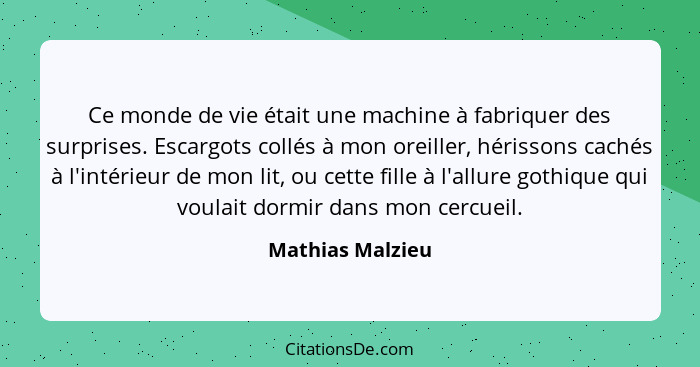 Ce monde de vie était une machine à fabriquer des surprises. Escargots collés à mon oreiller, hérissons cachés à l'intérieur de mon... - Mathias Malzieu