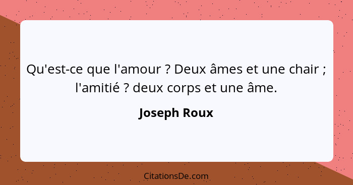 Qu'est-ce que l'amour ? Deux âmes et une chair ; l'amitié ? deux corps et une âme.... - Joseph Roux