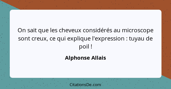 On sait que les cheveux considérés au microscope sont creux, ce qui explique l'expression : tuyau de poil !... - Alphonse Allais