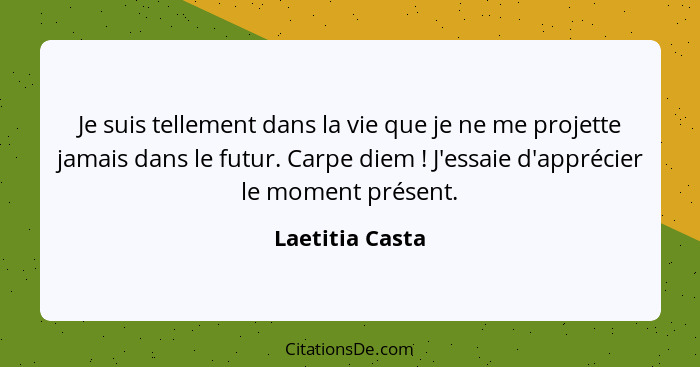 Je suis tellement dans la vie que je ne me projette jamais dans le futur. Carpe diem ! J'essaie d'apprécier le moment présent.... - Laetitia Casta