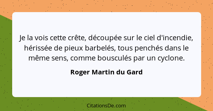 Je la vois cette crête, découpée sur le ciel d'incendie, hérissée de pieux barbelés, tous penchés dans le même sens, comme bous... - Roger Martin du Gard