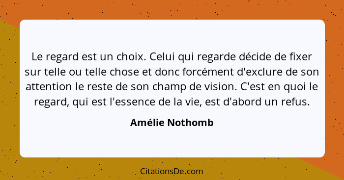 Le regard est un choix. Celui qui regarde décide de fixer sur telle ou telle chose et donc forcément d'exclure de son attention le re... - Amélie Nothomb