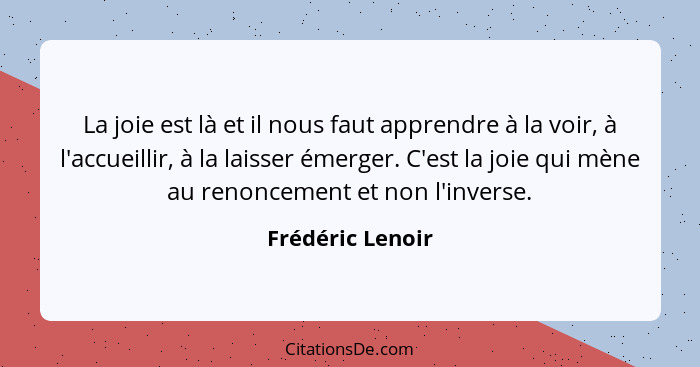 La joie est là et il nous faut apprendre à la voir, à l'accueillir, à la laisser émerger. C'est la joie qui mène au renoncement et n... - Frédéric Lenoir