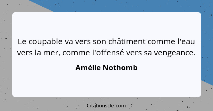 Le coupable va vers son châtiment comme l'eau vers la mer, comme l'offensé vers sa vengeance.... - Amélie Nothomb