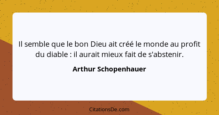 Il semble que le bon Dieu ait créé le monde au profit du diable : il aurait mieux fait de s'abstenir.... - Arthur Schopenhauer