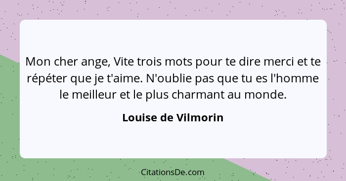 Mon cher ange, Vite trois mots pour te dire merci et te répéter que je t'aime. N'oublie pas que tu es l'homme le meilleur et le p... - Louise de Vilmorin