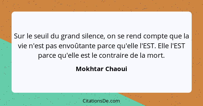 Sur le seuil du grand silence, on se rend compte que la vie n'est pas envoûtante parce qu'elle l'EST. Elle l'EST parce qu'elle est le... - Mokhtar Chaoui