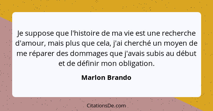 Je suppose que l'histoire de ma vie est une recherche d'amour, mais plus que cela, j'ai cherché un moyen de me réparer des dommages qu... - Marlon Brando
