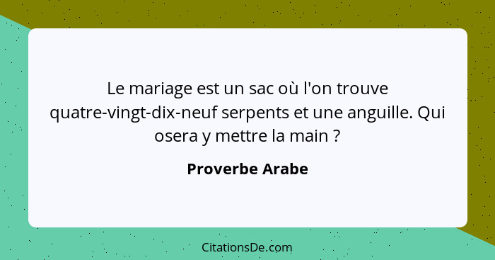 Le mariage est un sac où l'on trouve quatre-vingt-dix-neuf serpents et une anguille. Qui osera y mettre la main ?... - Proverbe Arabe