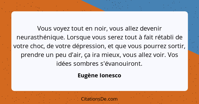 Vous voyez tout en noir, vous allez devenir neurasthénique. Lorsque vous serez tout à fait rétabli de votre choc, de votre dépression... - Eugène Ionesco