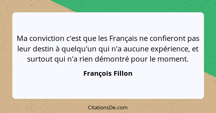 Ma conviction c'est que les Français ne confieront pas leur destin à quelqu'un qui n'a aucune expérience, et surtout qui n'a rien dé... - François Fillon