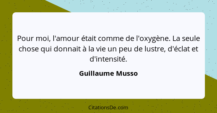 Pour moi, l'amour était comme de l'oxygène. La seule chose qui donnait à la vie un peu de lustre, d'éclat et d'intensité.... - Guillaume Musso