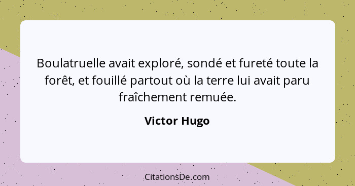 Boulatruelle avait exploré, sondé et fureté toute la forêt, et fouillé partout où la terre lui avait paru fraîchement remuée.... - Victor Hugo