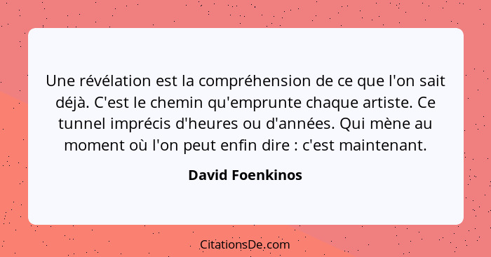 Une révélation est la compréhension de ce que l'on sait déjà. C'est le chemin qu'emprunte chaque artiste. Ce tunnel imprécis d'heure... - David Foenkinos