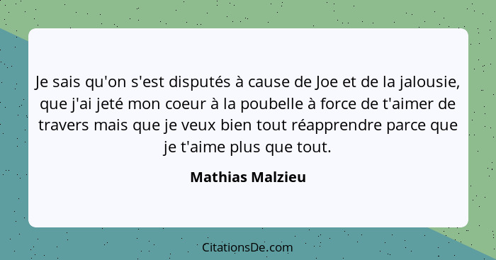 Je sais qu'on s'est disputés à cause de Joe et de la jalousie, que j'ai jeté mon coeur à la poubelle à force de t'aimer de travers m... - Mathias Malzieu