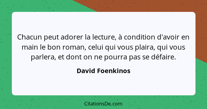 Chacun peut adorer la lecture, à condition d'avoir en main le bon roman, celui qui vous plaira, qui vous parlera, et dont on ne pour... - David Foenkinos