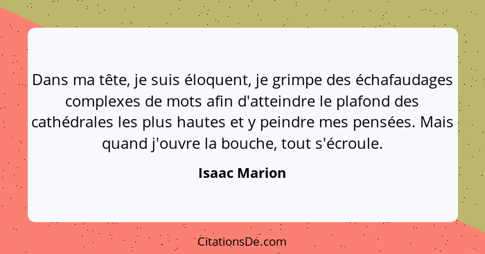 Dans ma tête, je suis éloquent, je grimpe des échafaudages complexes de mots afin d'atteindre le plafond des cathédrales les plus haute... - Isaac Marion