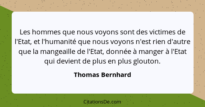 Les hommes que nous voyons sont des victimes de l'Etat, et l'humanité que nous voyons n'est rien d'autre que la mangeaille de l'Etat... - Thomas Bernhard