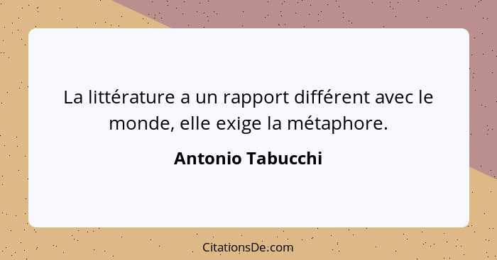 La littérature a un rapport différent avec le monde, elle exige la métaphore.... - Antonio Tabucchi