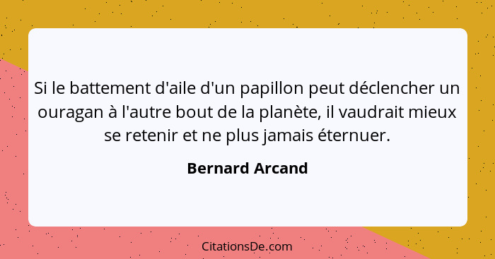 Si le battement d'aile d'un papillon peut déclencher un ouragan à l'autre bout de la planète, il vaudrait mieux se retenir et ne plus... - Bernard Arcand