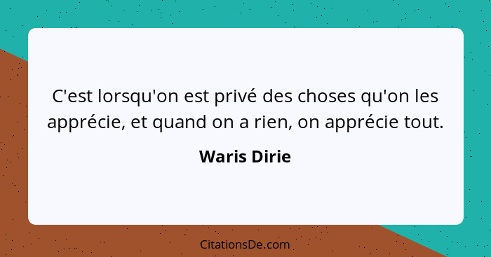 C'est lorsqu'on est privé des choses qu'on les apprécie, et quand on a rien, on apprécie tout.... - Waris Dirie